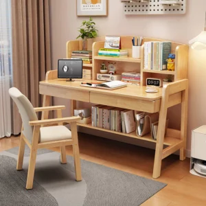 Student Home Use Wood Computer Desk with Adjustable Height and Integrated Bookcase Study Table