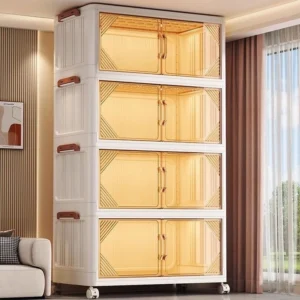 80cm High Capacity Transparent Storage Box Foldable Stackable Storage Cabinet Box Multi Functional with Roller
